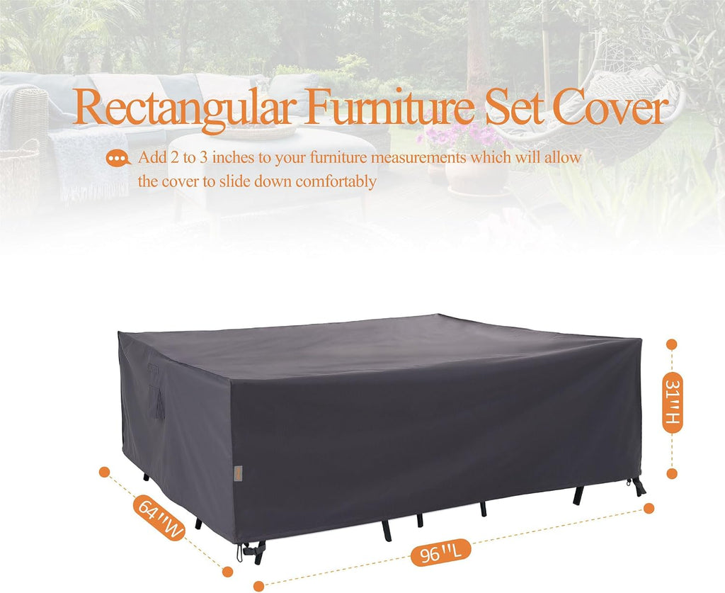 Heavy-Duty Patio Furniture Cover, Gray, 96" x 64" x 31" | Waterproof & Windproof, For Rectangle Table and Chairs