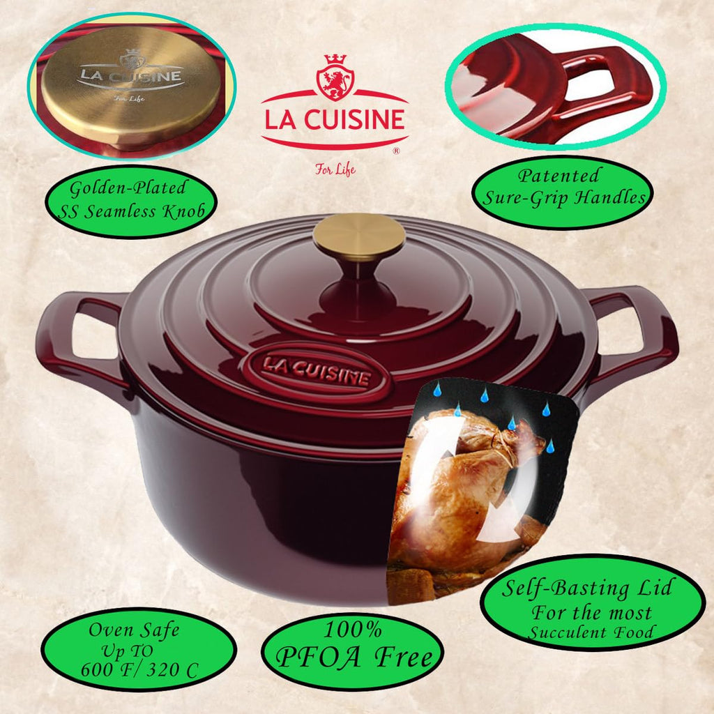 Enameled Cast Iron Dutch Oven Casserole Pot with Golden handle for Lid, Internal Matte Black Enamel Coating, 5 QT