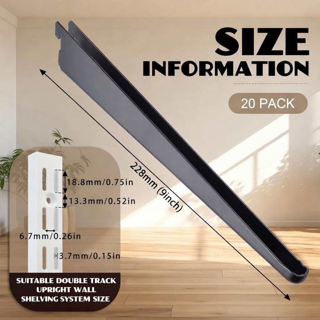 20 Pcs Adjustable Shelf Brackets for Double Track System Closet Organization Heavy Duty Wire Shelf Brackets (Black,9