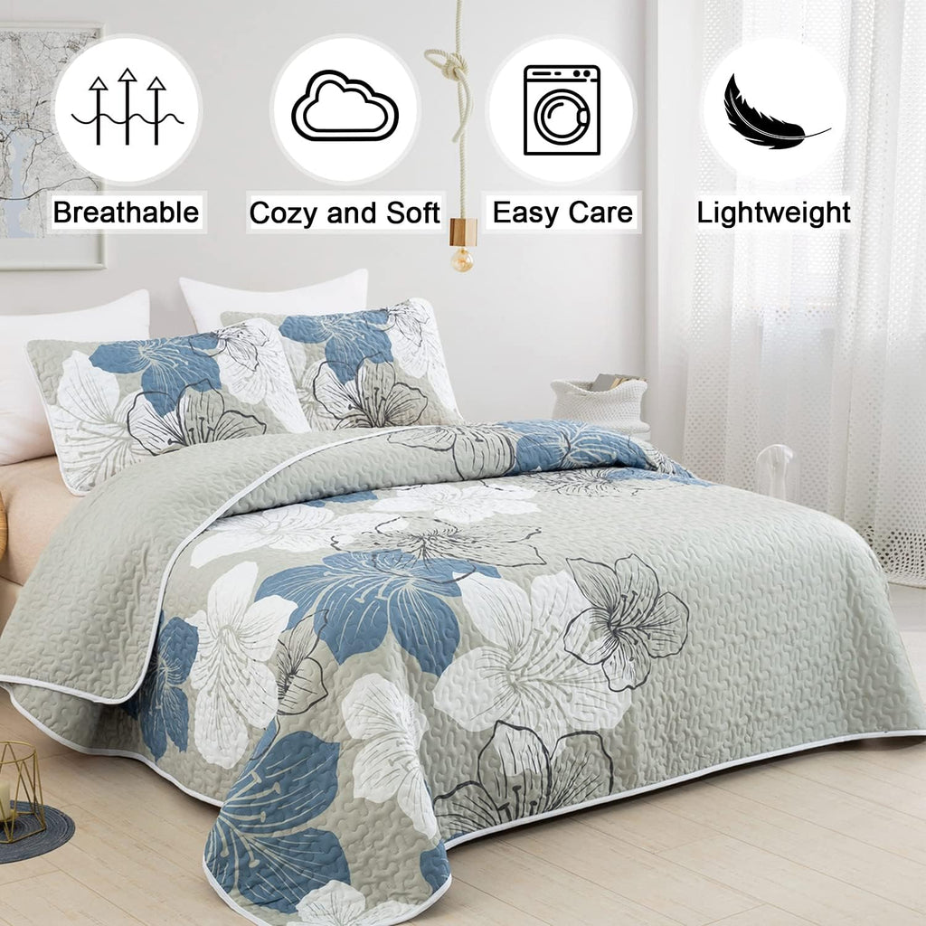3 Pieces Quilt Set Queen Floral Pattern Coverlet Elegant Boho Bedspread with 2 Pillow Shams Lightweight Microfiber