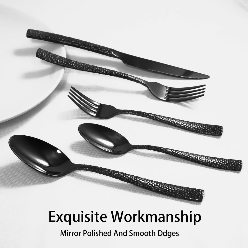 Black Hammered Silverware Set, 20 Piece Stainless Steel Flatware Set for 4, Food-Grade Tableware Cutlery Set