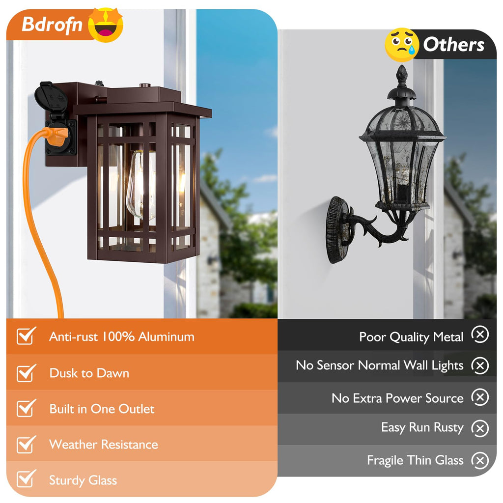 2-Pack Outdoor Porch Lights with Outlet, Dusk to Dawn Modern Outdoor Wall Lights Exterior Lighting Fixtures