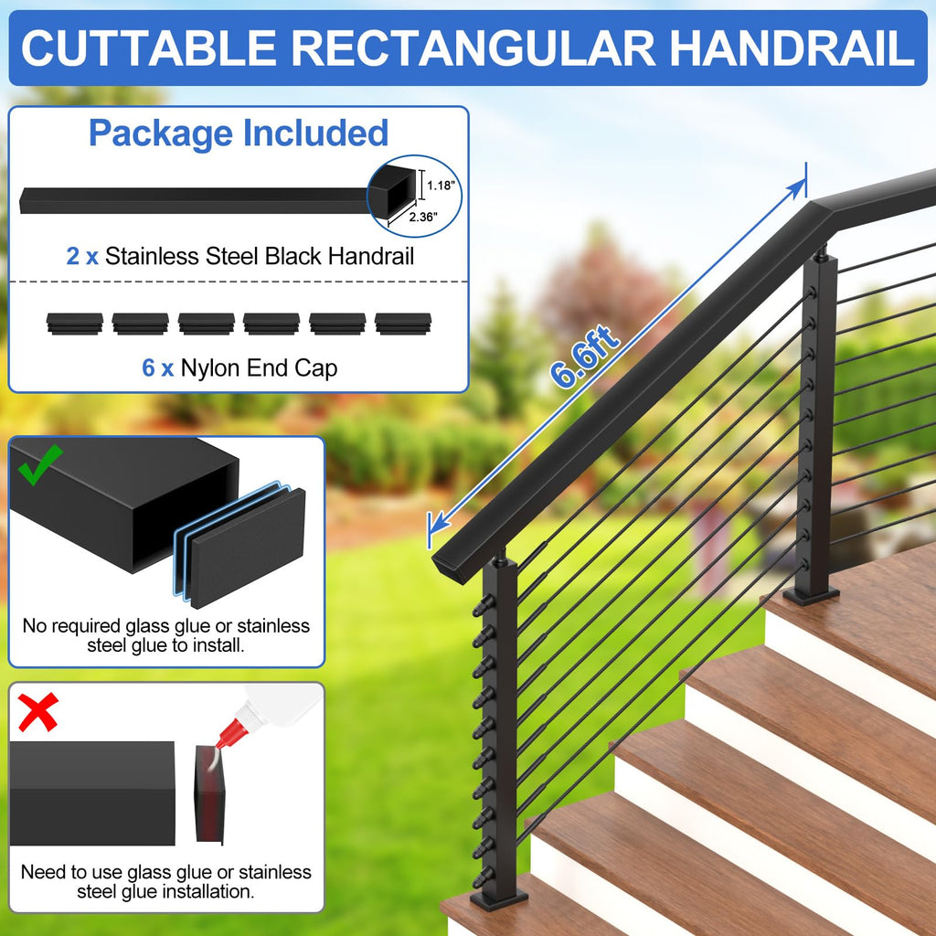6'6'' Stainless Steel Rectangular Handrail 2 Pack, Cuttable Cable Railing Handrails System, Black Flat Top Rail with