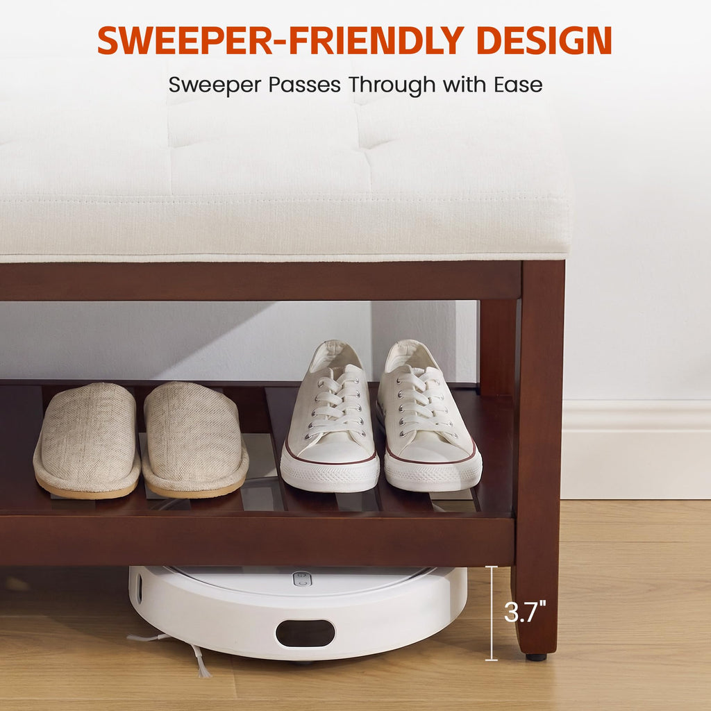44" Entryway Shoe Bench, Upholstered End of Bed Bench with Solid Wood Shelf, Button Tufted Shoe Bench, Beige