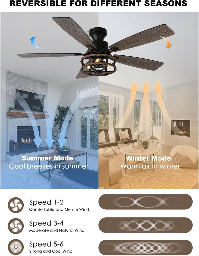 52 Inch Flush Mount Farmhouse Ceiling Fan with Light