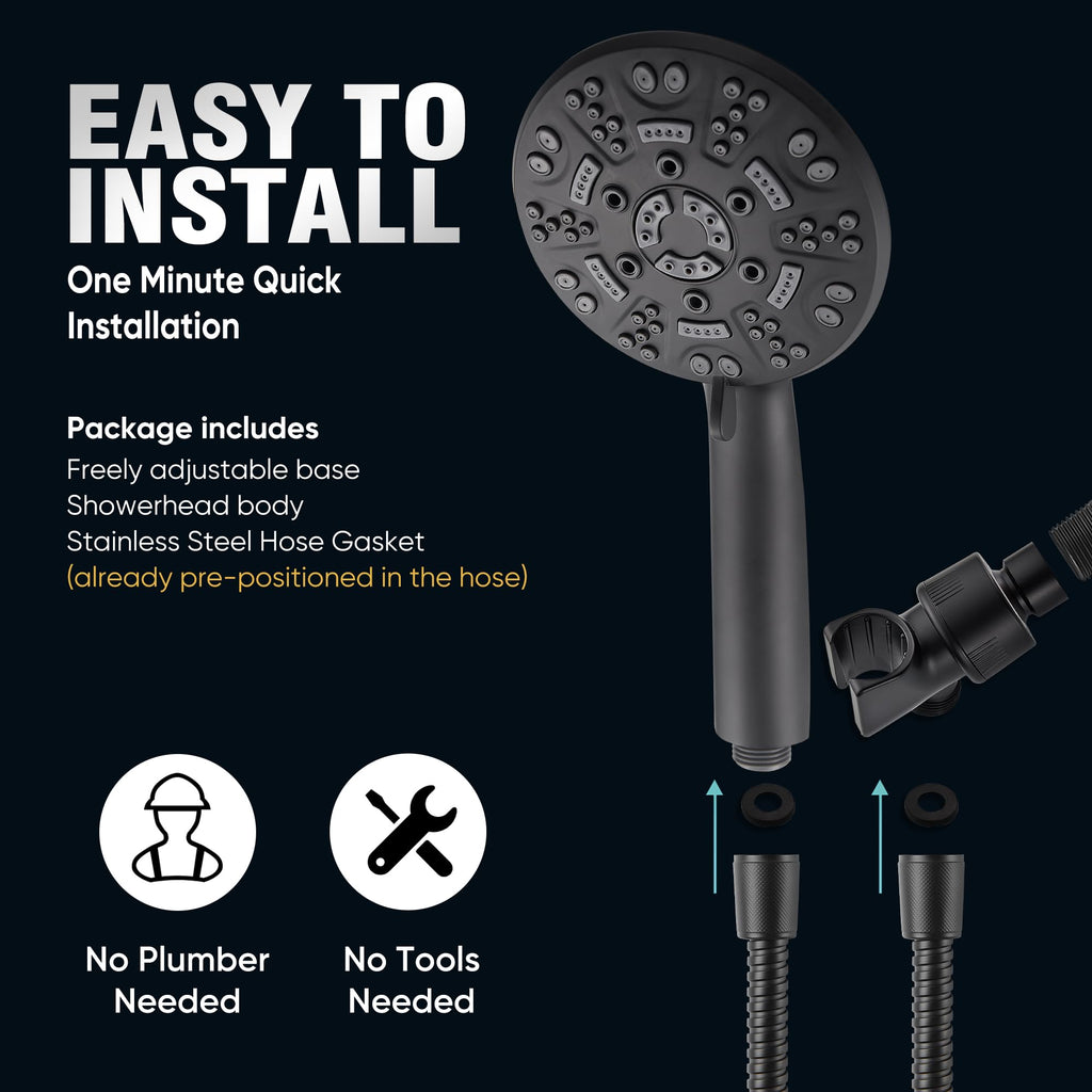 8-Setting Handheld Shower Head, Water-Saving Design, Matte Black