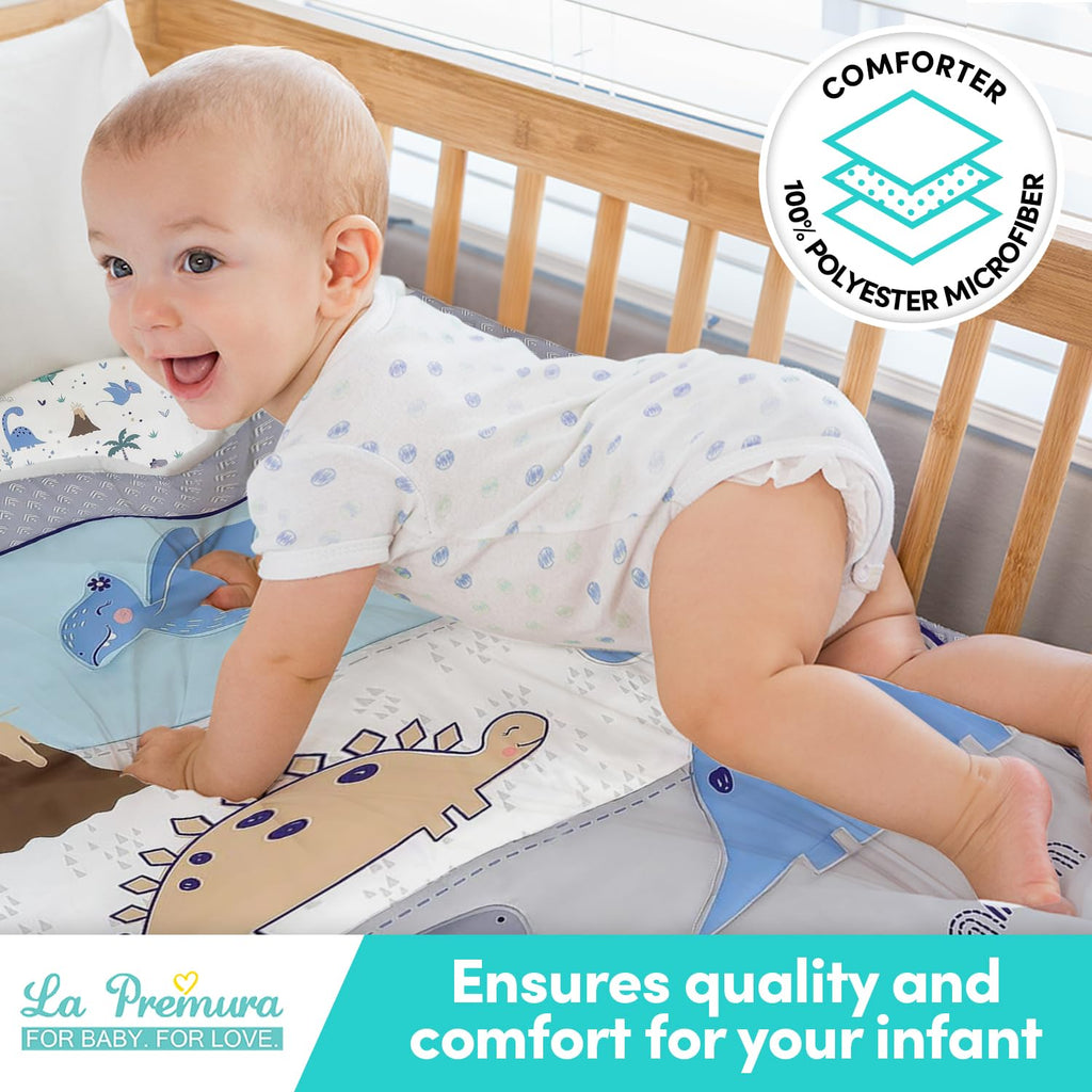 Baby Crib Bedding Set for Boys - Dinosaur 3 Piece Standard Size Nursery Crib Comforter Set, Grey/Blue - Unisex Baby