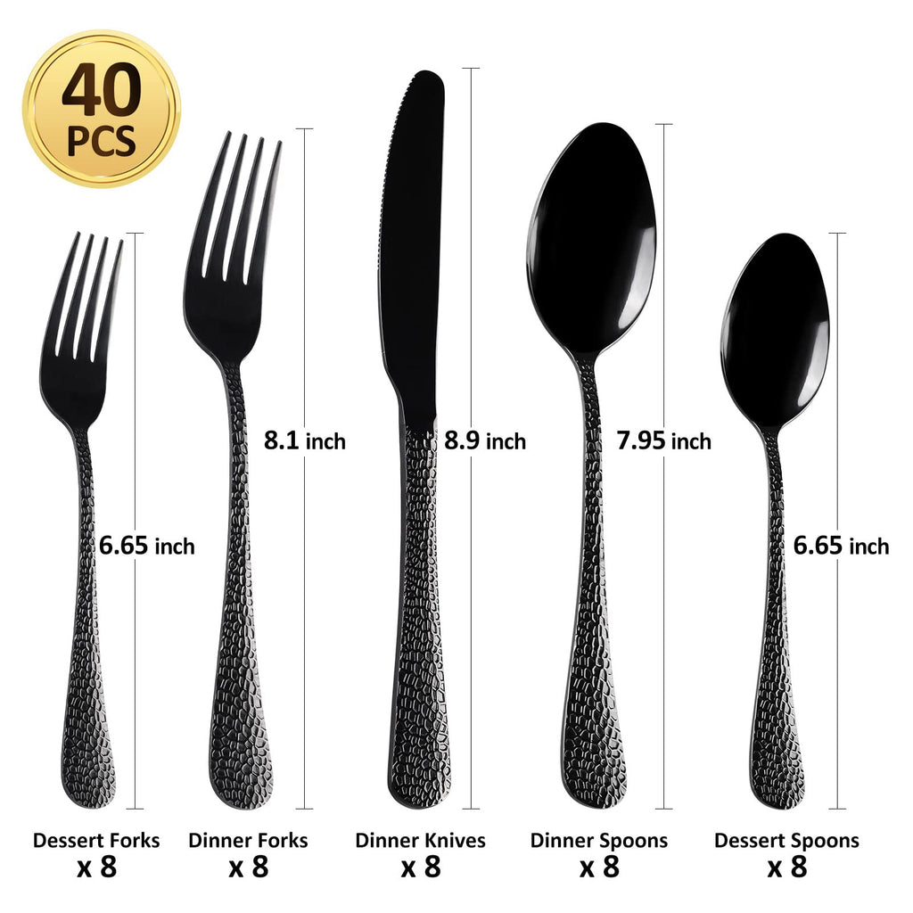 40 Piece Forged Black Flatware Set for 8 Stainless Steel Heavy Hammered Silverware Fine Dining Utensils Tableware