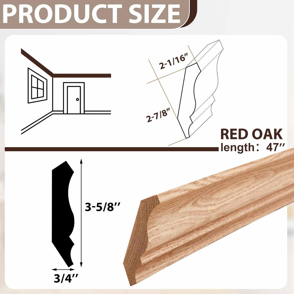 2 Pack Solid Red Oak Hardwood Crown Molding Trim 47" x 3/4" x 3-5/8" Real Wood Colonial Ceiling Molding, Unfinished &