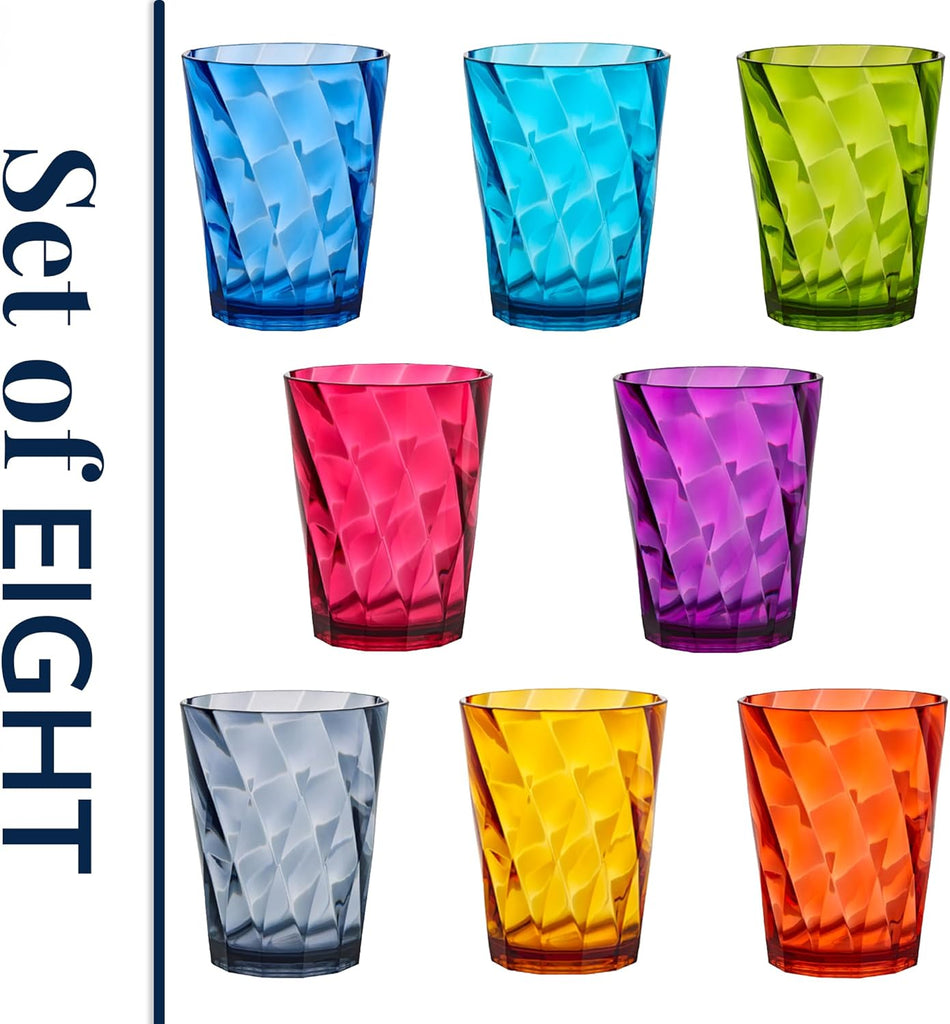 Optix Plastic Reusable Drinking Glasses (Set of 8) 14oz Rocks Cups in Jewel Tone Colors | BPA-Free Tumblers, Made in
