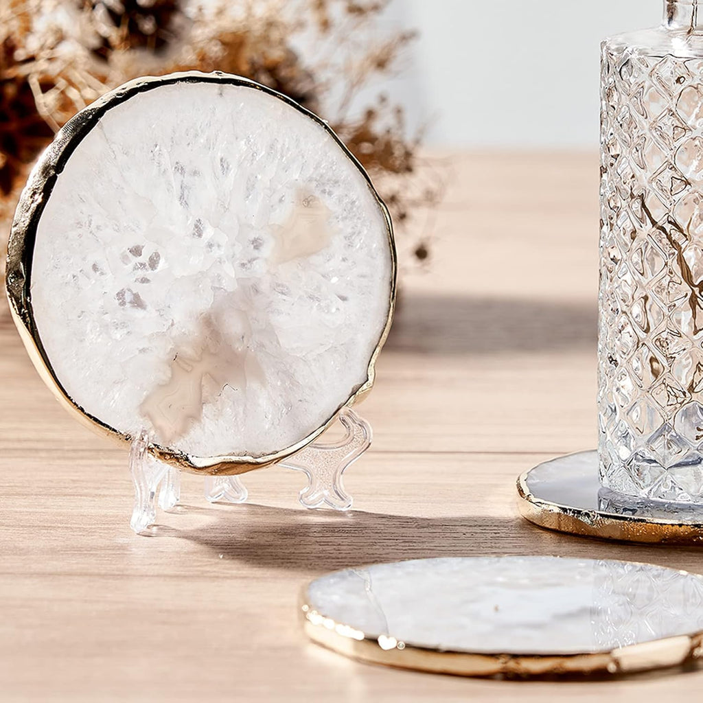 White Agate Coasters for Drinks, Crystal Coaster with Gold Edge 3.5-4", Geode Coaster, Gemstone Natural - Set of 4