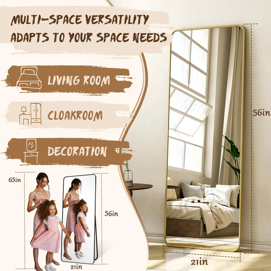 56"x21" Floor Full Length Mirror Standing Full Body Rounded Corner Rectangle Mirrors with Stand Hanging Wall Mounted