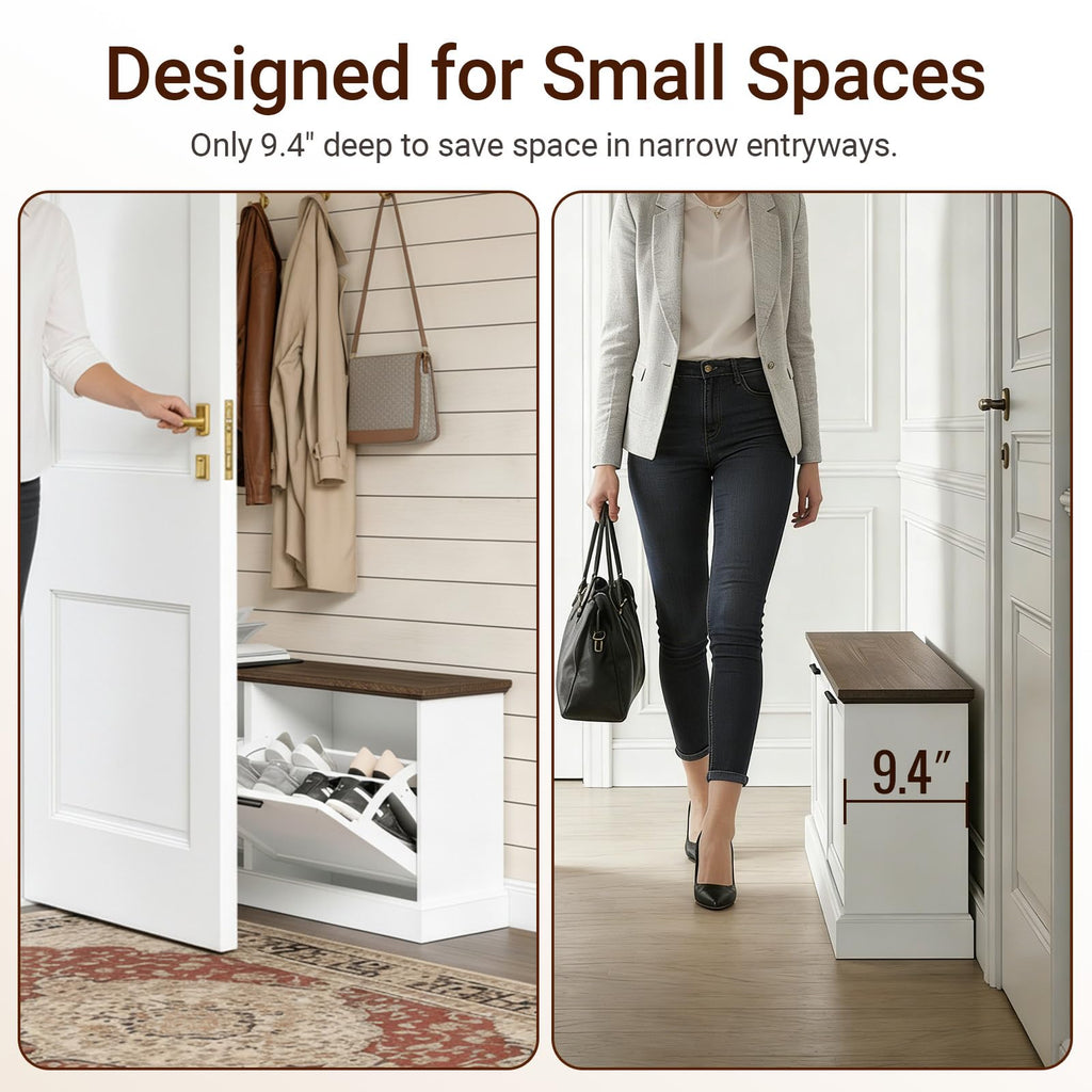 Narrow Shoe Bench with Flip Drawers