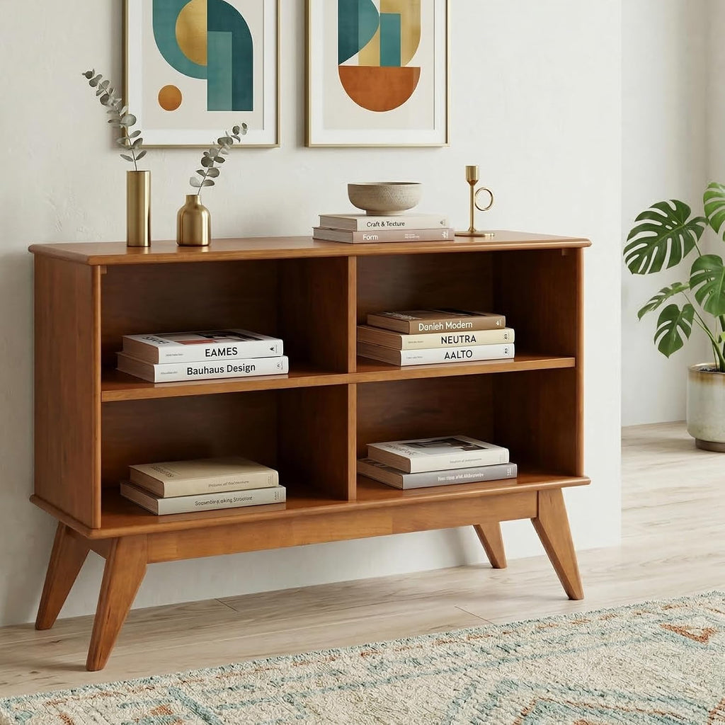 Draper 30" Tall Solid Wood 4-Shelf Bookcase in Teak Brown | Mid-century style with adjustable shelves and tapered