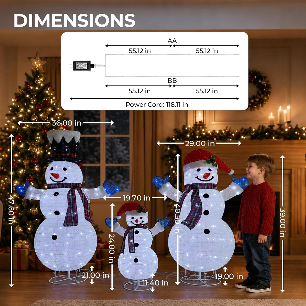 3-Piece 3D Lighted Snowman Family Set Outdoor Christmas Decorations Outdoor Snowman Decorations Collapsible Snowmen