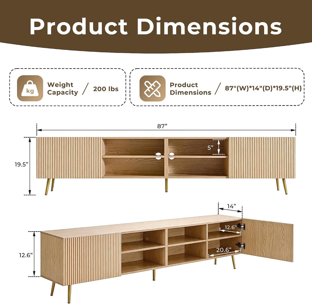 Modern 86" Wood TV Stand for Living Room, Fluted Design Entertainment Center with Adjustable Shelves for TVs Up to