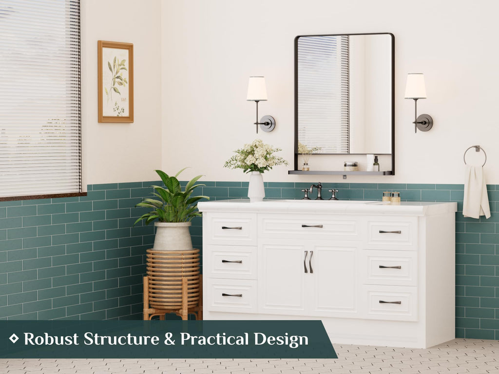 24 x 32 in Black Bathroom Mirror with Shelf, Rounded Corner