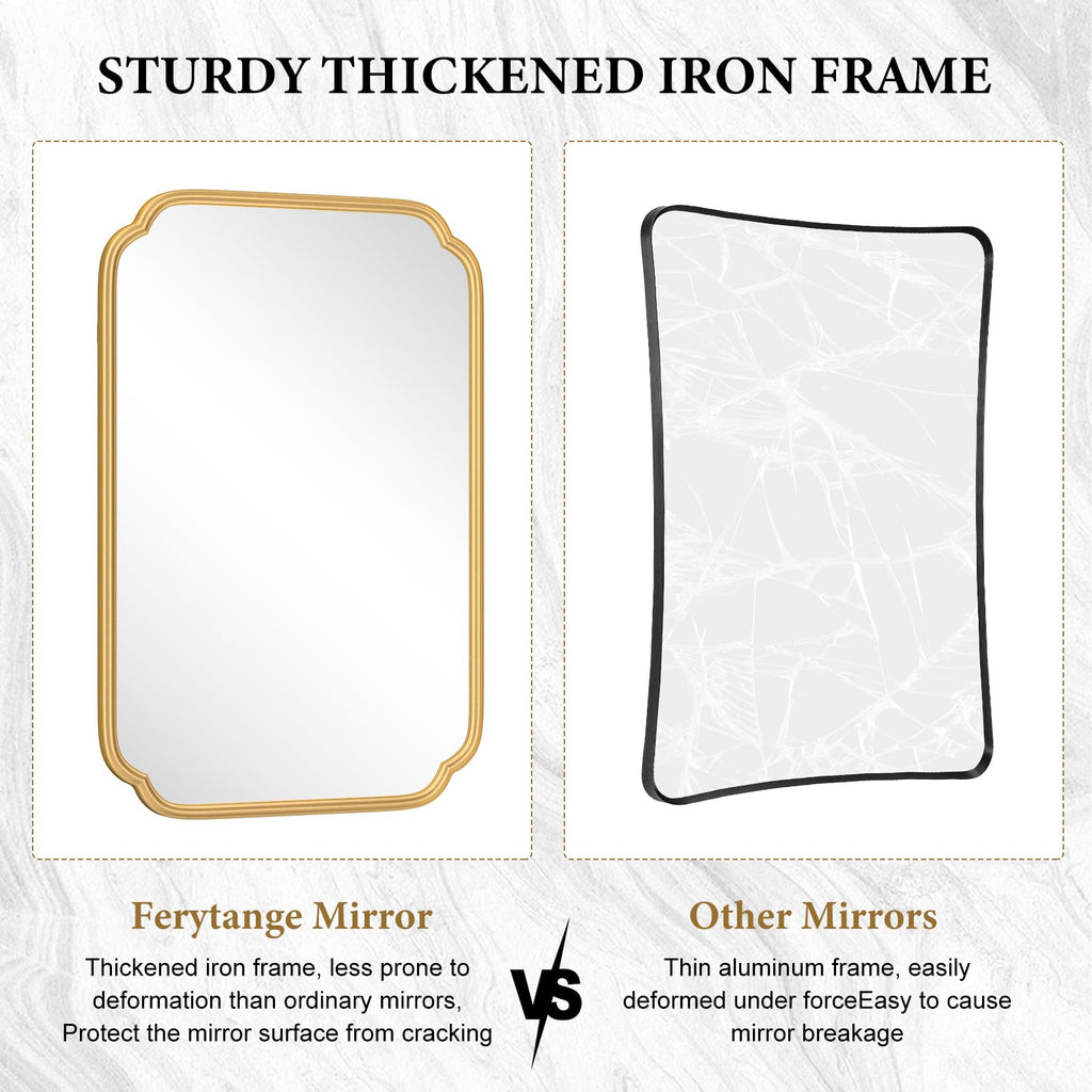 Gold Bathroom Mirror for Wall 20" x 30" Modern Rounded Corner Rectangle Mirror with Non-Rusting Iron Metal Framed