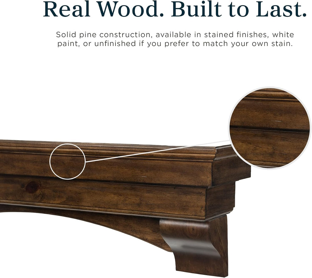 Wood Mantel Shelf with Arched Corbels - Rosewood 60 Inch | Wooden Rustic Wall Mounted Shelf from Pine Wood