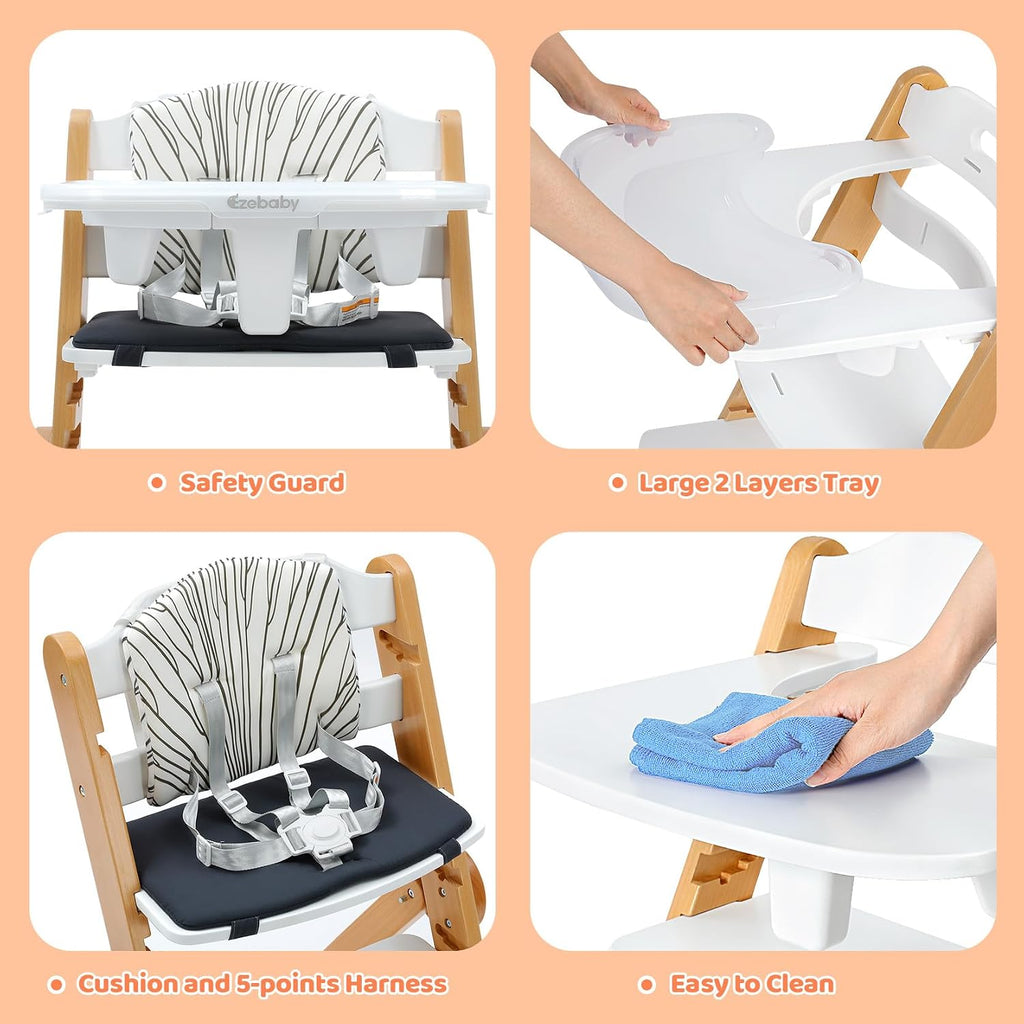 Foldable Wooden High Chair, No-Tools Adjustable Baby High Chair for Toddlers to Adult, Space-Saving Space Highchairs