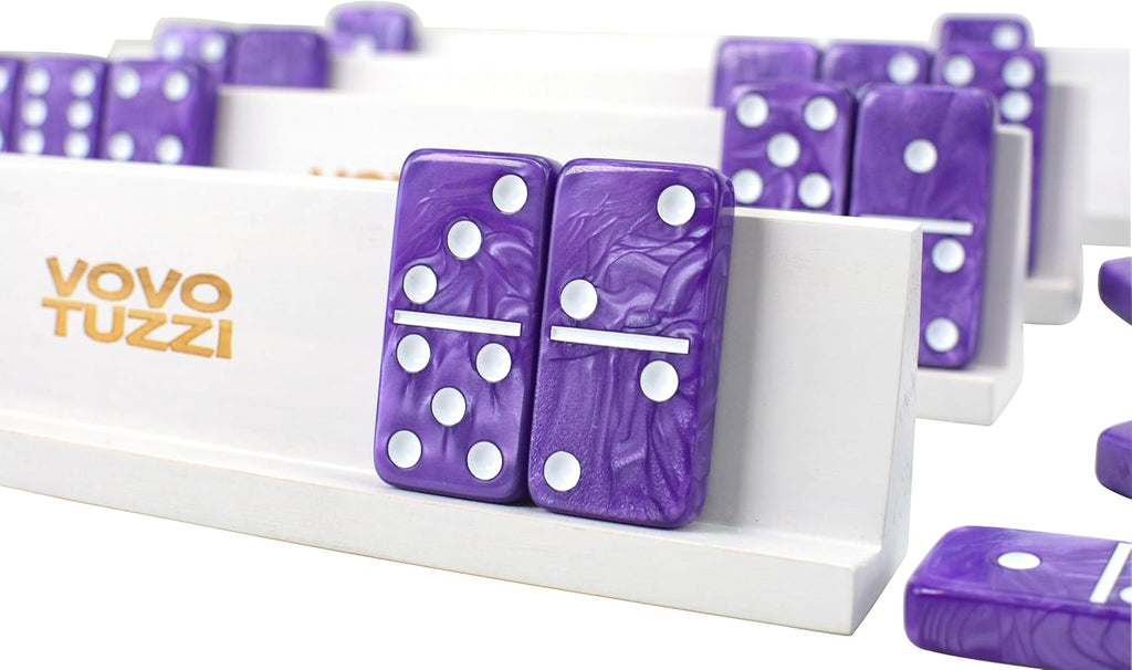 Dominos Set for Adults, Double 6 Dominoes Set with 4 Domino Wooden Racks, Marble Purple Dominos for Kids and Adults