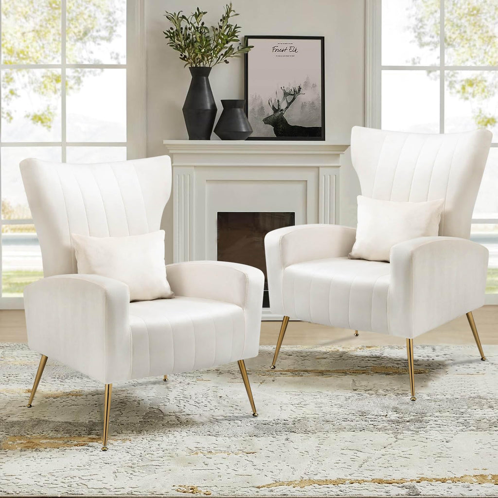 Velvet Accent Chair Bedroom, Modern Arm Chair with Wingback & Gold Metal Legs, Lumbar Pillow Included, White