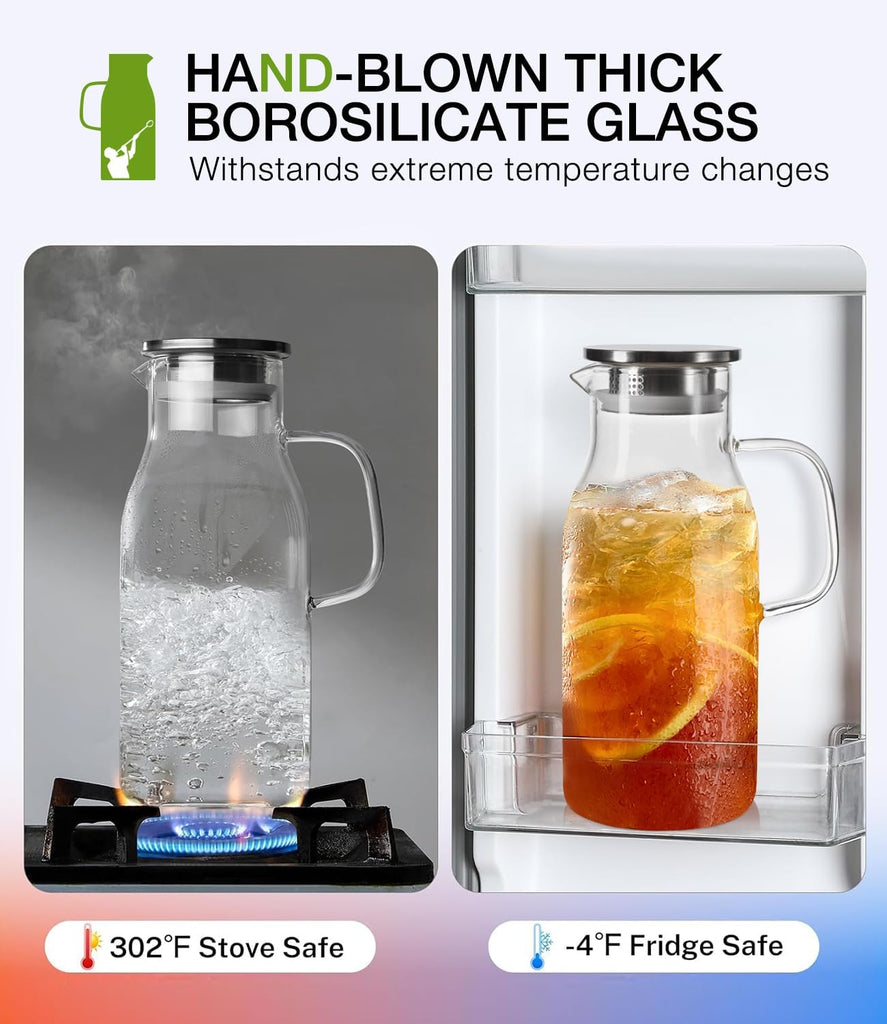 LUNA&MANTHA Glass Pitcher, 2 Liter 68oz Water Pitcher with Lid and Spout, Large Ice Tea Jug for Fridge, Thick Drink
