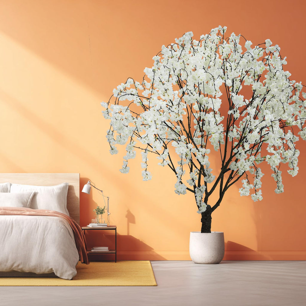 Artificial White Cherry Blossom Tree, 7 Ft Tall Indoor Faux Plant with Cascading Branches, Potted Decorative Tree