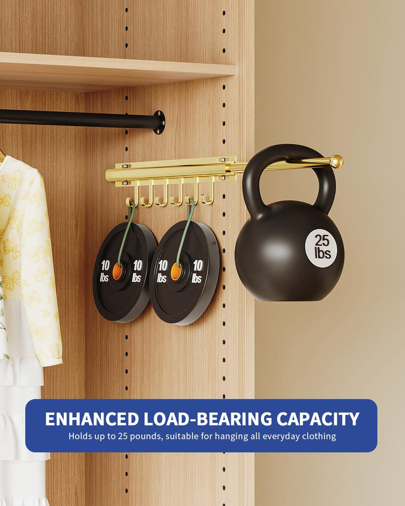 Valet Rod for Closets Pull Out 16.5" Gold with 6 Hooks (2Pack)