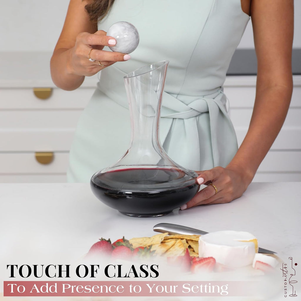 Crystal Wine Decanter with Marble Stopper - Premium Hand-Blown Lead-Free Glass Wine Decanter for Red Wines - 750ml