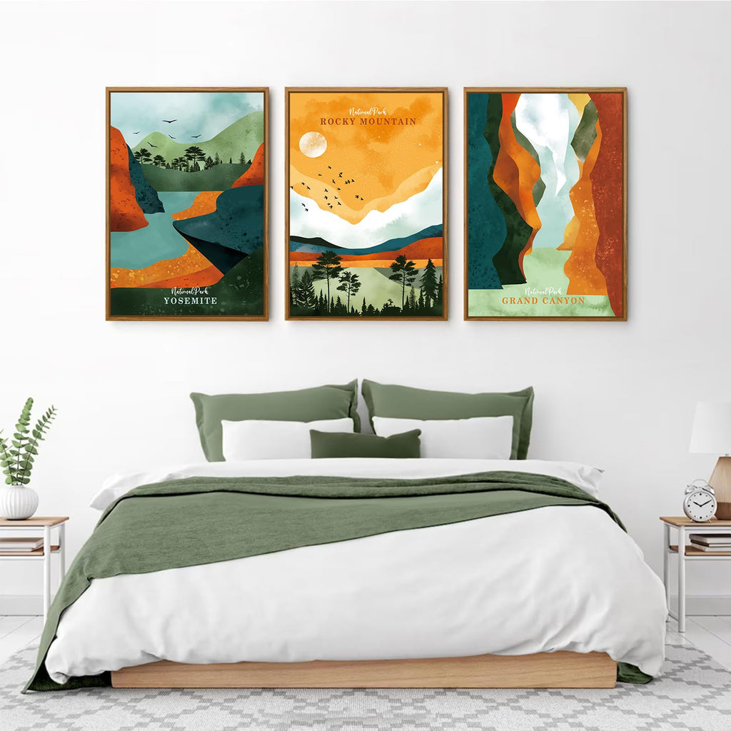 National Park Framed Canvas Wall Art Set, Grand Canyon Yosemite Rocky Mountain Wall Decor, Forest Lake Wall Painting
