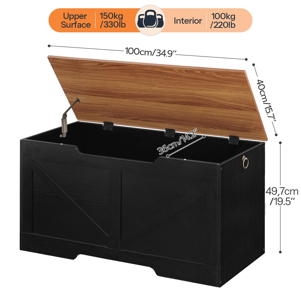 Storage Bench, 39.4" Retro Wooden Storage Chest with U-Shaped Cut-Out Pull, Safety Hinge, Supports 330 lb and Easy