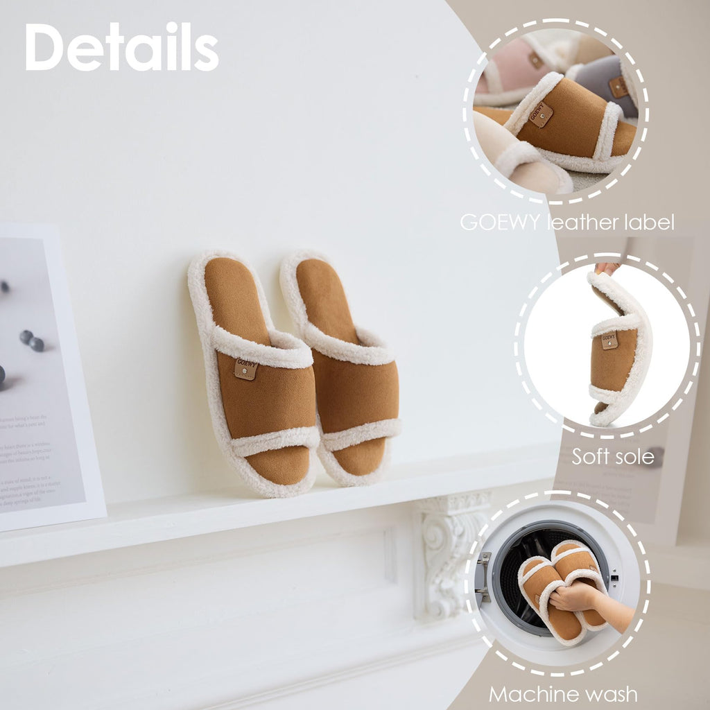 Open Toe Womens Slippers, Fuzzy Suede Slipper with Cozy Memory Foam