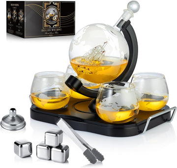Whiskey Decanter Globe Set, Gifts for Men Husband Boyfriend Dad, with 4 Etched Whiskey Glasses, 4 Ice Cubes, Tong &