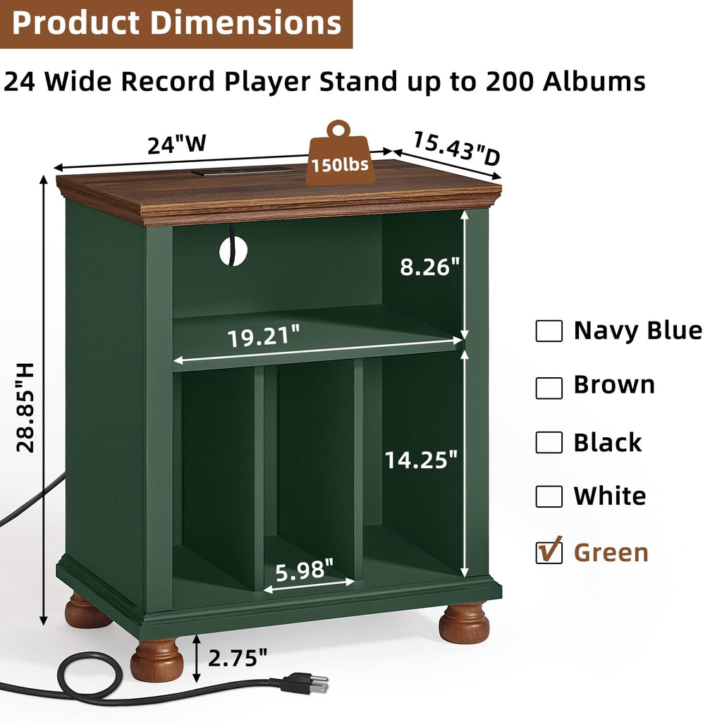 24" Wide Record Player Stand with Charging Station, Green
