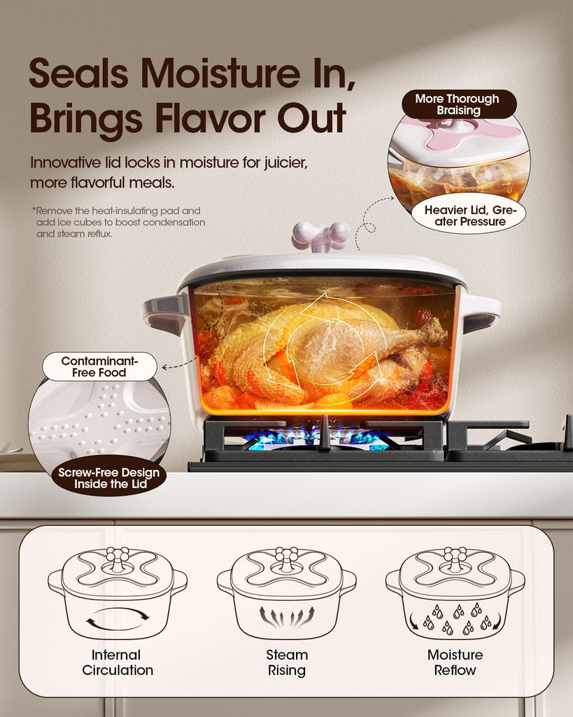 5 Quart Pink Dutch Oven Pot with Lid, Enameled Cast Iron, Rounded Square