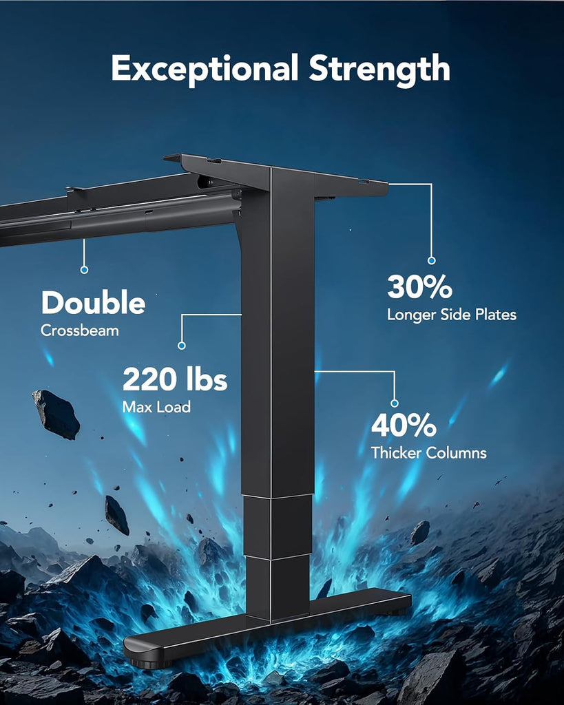 3-Stage Standing Desk Frame with Double Crossbeam,Black Frame Only | 23.6"-49.2" height range,Brushless Motor,220 lbs