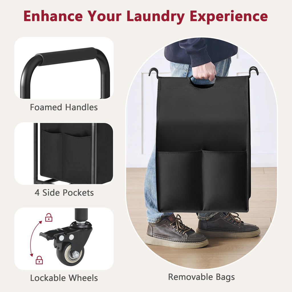 5 Bag Laundry Sorter, 5 Section Laundry Hamper with Wheels, Black