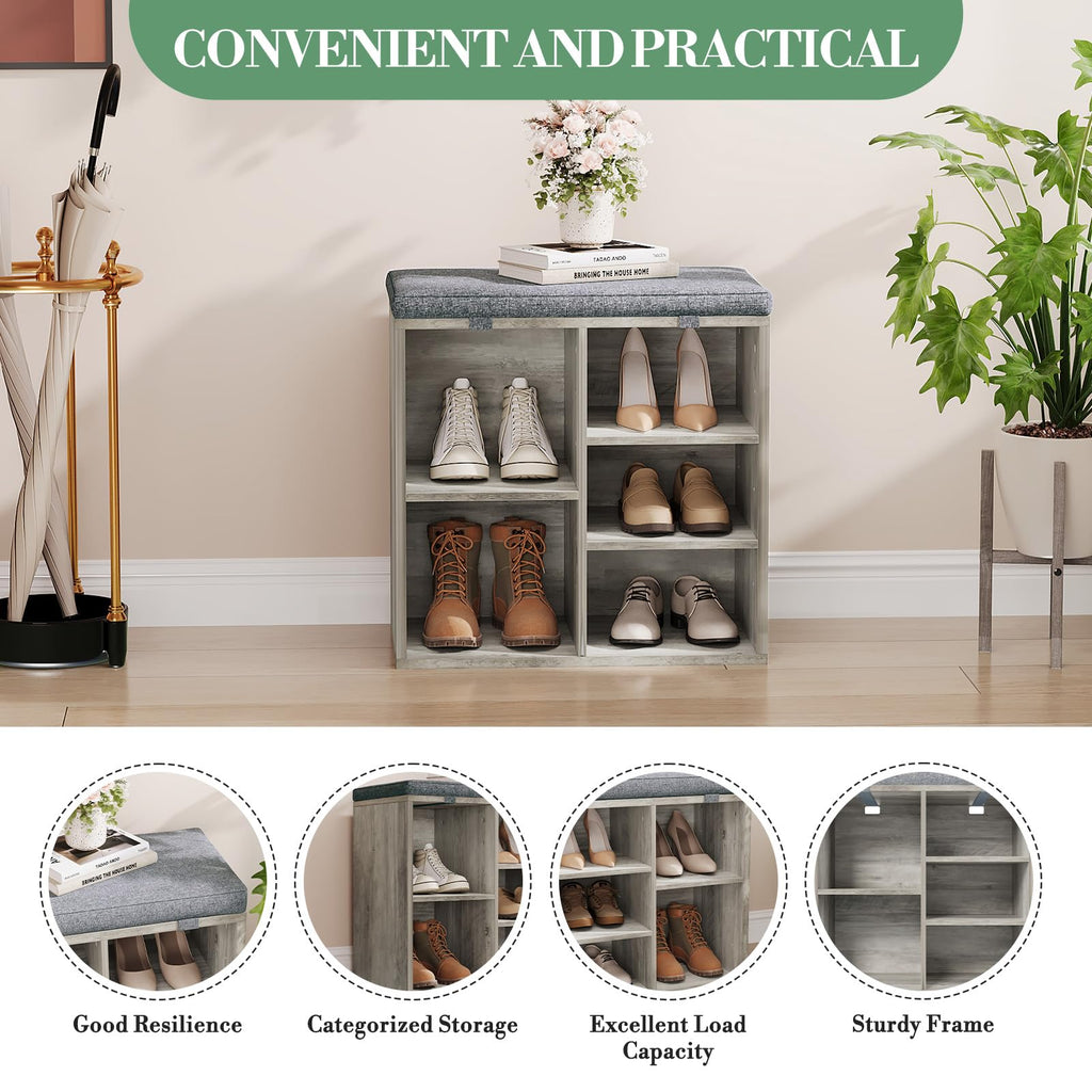 Shoe Bench with Padded Seat, 20'' Shoe Storage Bench with Adjustable Shelves & Side Pockets, 5 Cubes Storage