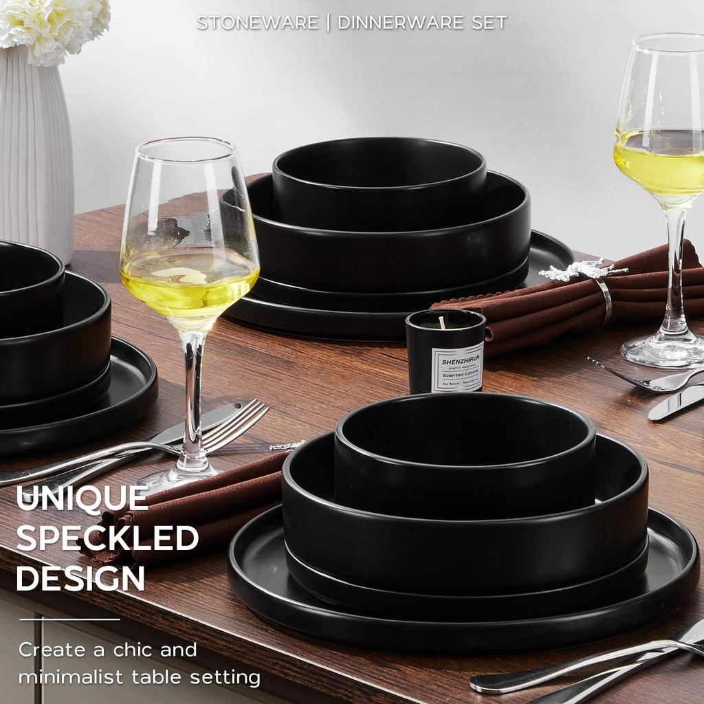 Stoneware Dinnerware Set with Pasta Bowl, 24Pcs Black Dish Set for 6