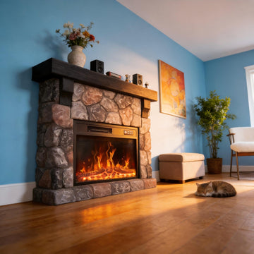 Electric Fireplace with Mantel, Realistic Stone Finish Freestanding Heater TV Stand, 3D Log Flame Effect with Remote