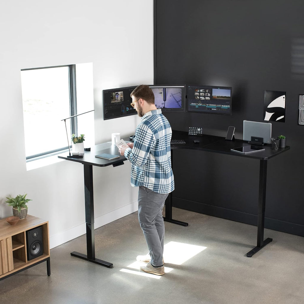 Black 71 x 71 in Corner Standing Desk, DESK-KIT-E3CB2 | Electric, Triple Motor, Holds 264 lbs, Sit Stand L-Shaped