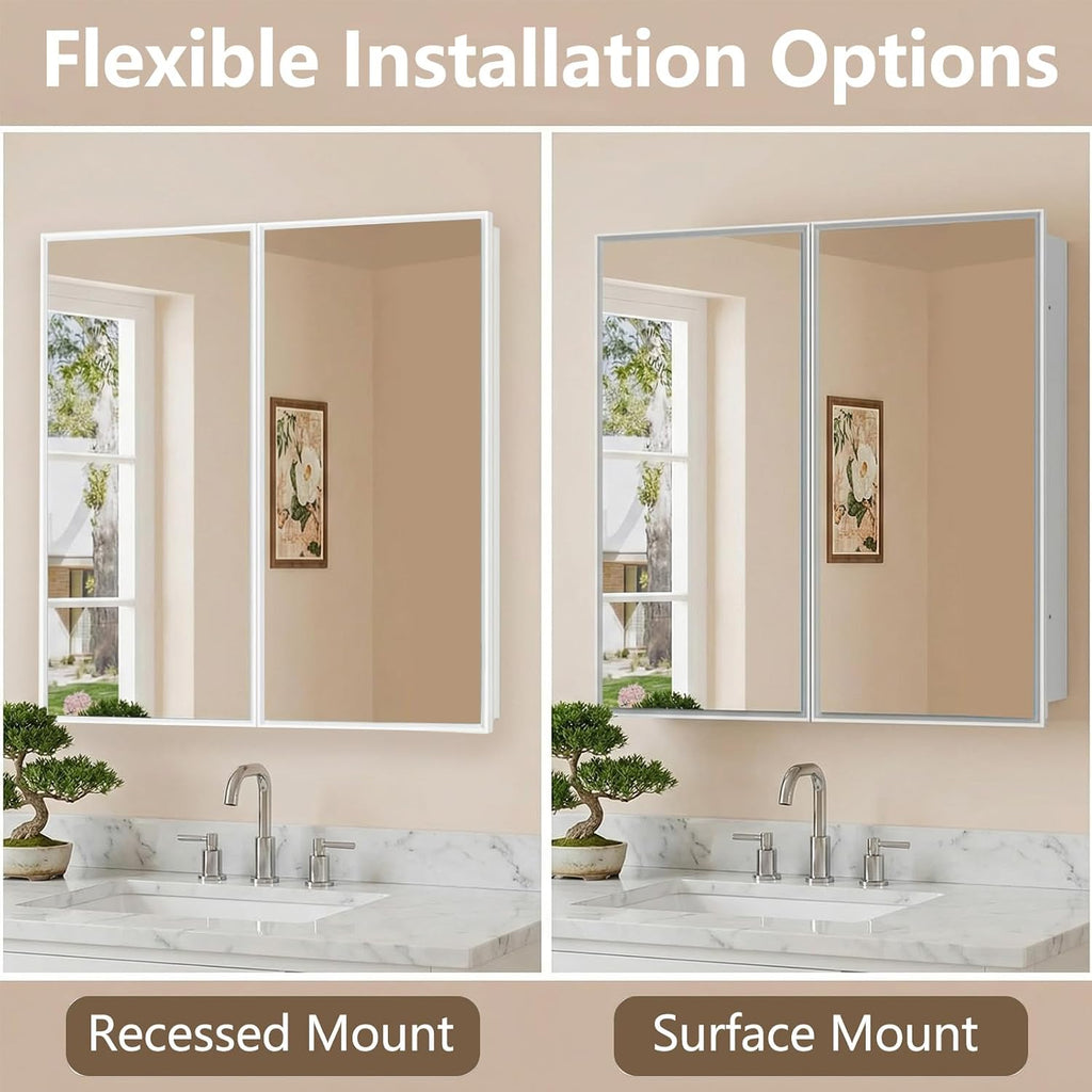 26 x 32 Inch Bathroom Medicine Cabinet with Double Mirror Doors, Recessed or Surface Mount Wall Cabinet , Plastic