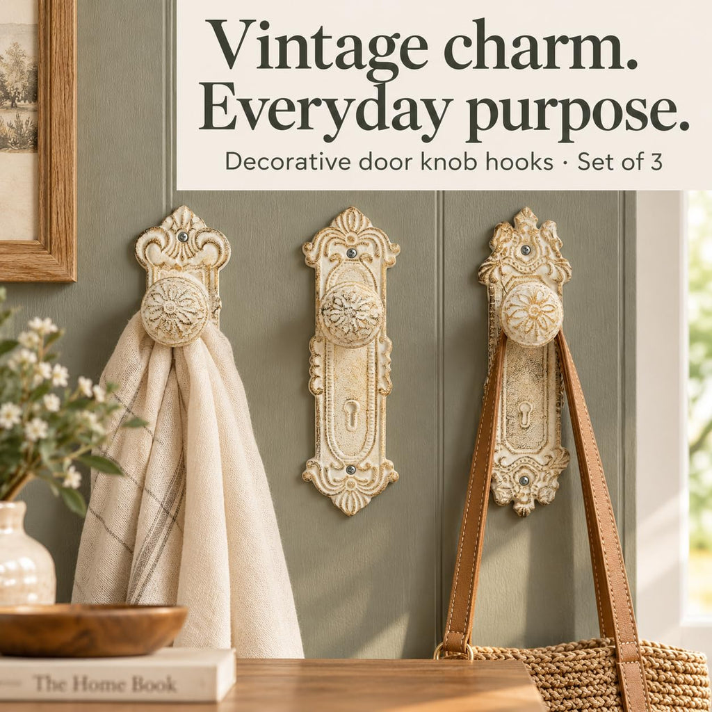 Rustic White Cast Iron Door Knob Wall Hooks - Set of 3 - 7.9" H