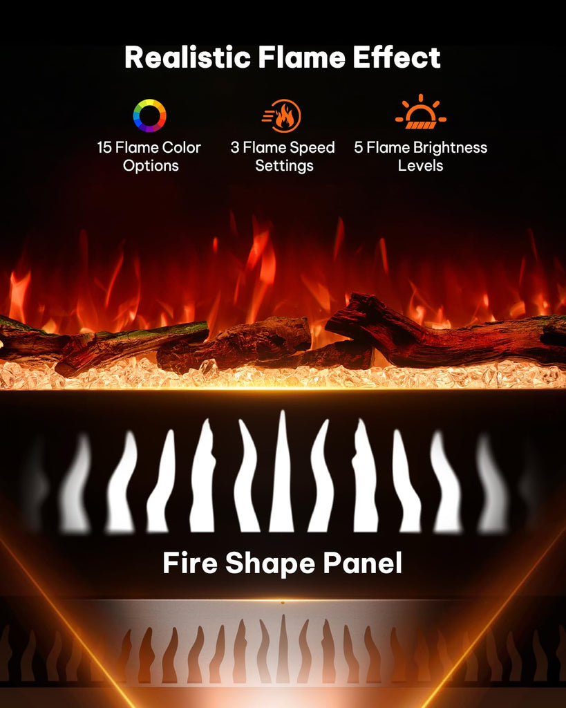 50" 3-Sided Electric Fireplace with Smart App & Alexa Control, 3375 Flame Color Combinations, 15-Color Back, Ember &