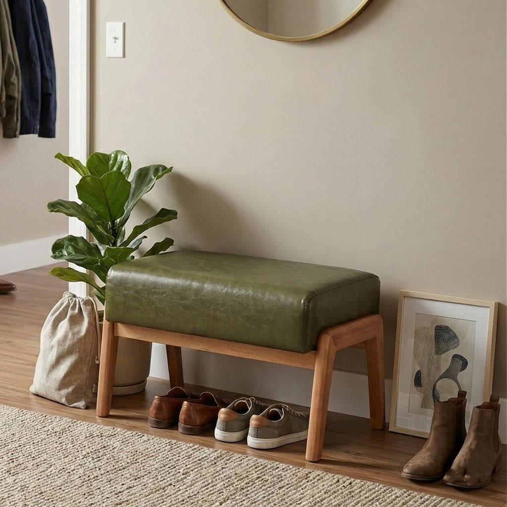 Modern Ottoman Foot Stool, Faux Leather Accent Sofa Footrest with Walnut Rubber Wood Frame, Ottoman Bench Entryway