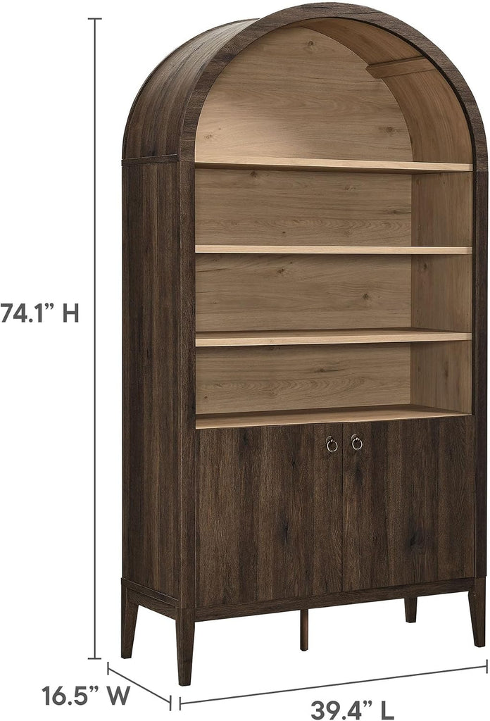 Nolan Tall Arched Storage Display Cabinet in Dark Walnut - 74 Inch Arch Bookshelf with Open and Closed Shelving