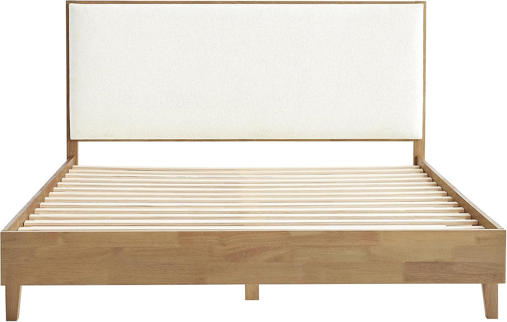 Queen Size Platform Bed Frame, with Boucle Upholstered Headboard, Oak