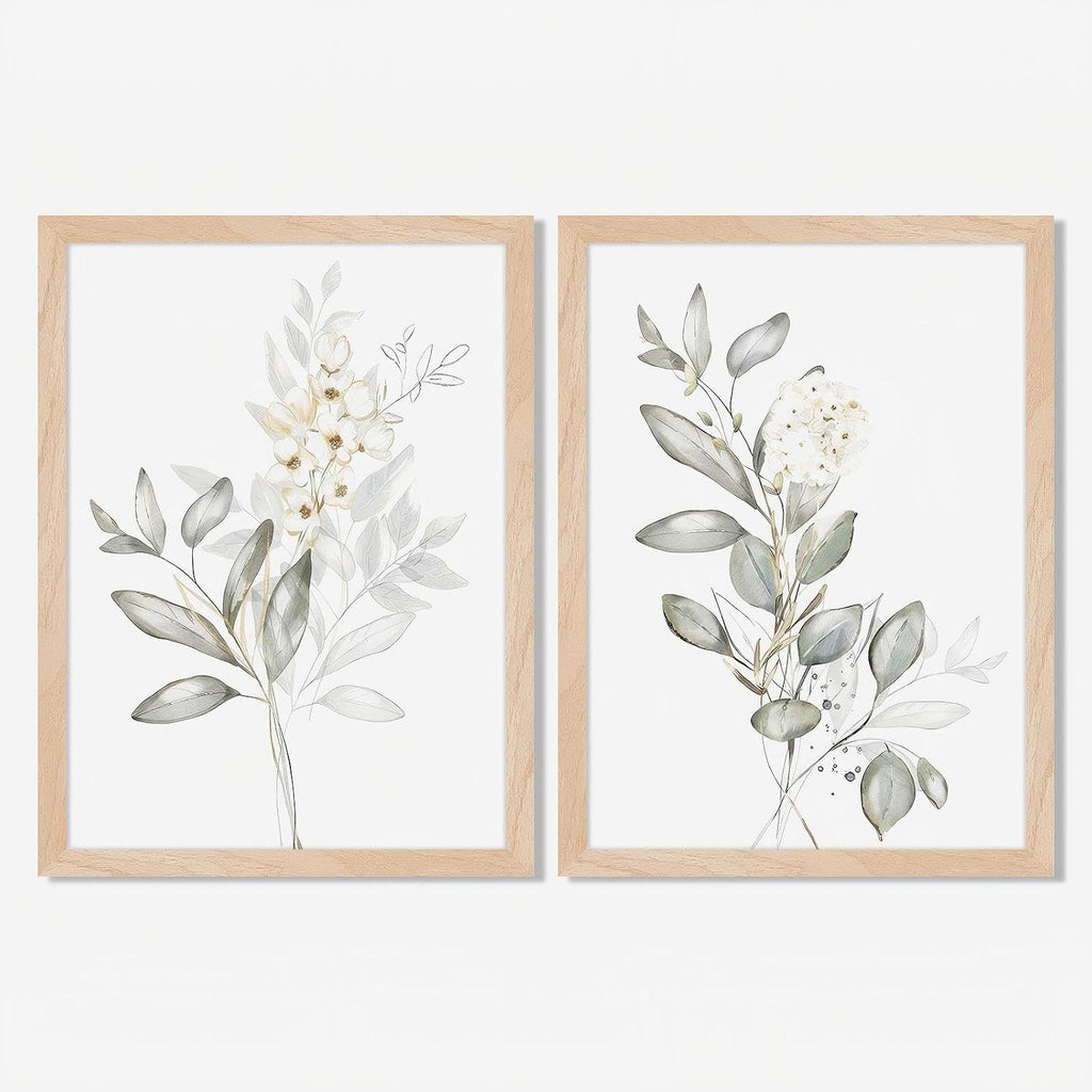 Framed Botanical Wall Art Set of 2 Minimalist Floral Canvas Prints with Solid Wood Frame & Acrylic Cover, Neutral