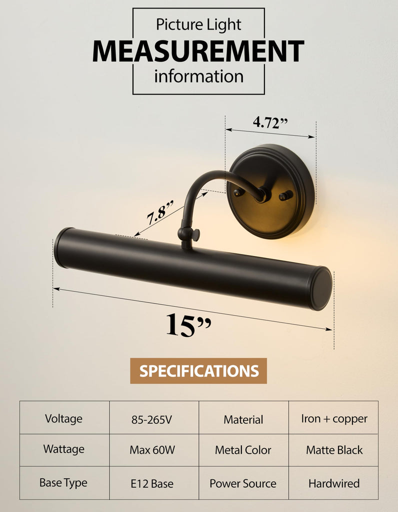 Hardwired Picture Lights,15 Inch,2‐Light Black Vintage Art Light